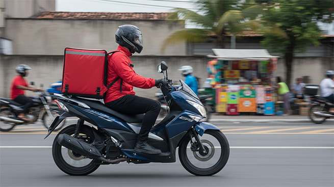 Um motoboy andando com a bagagem do delivery de comidas