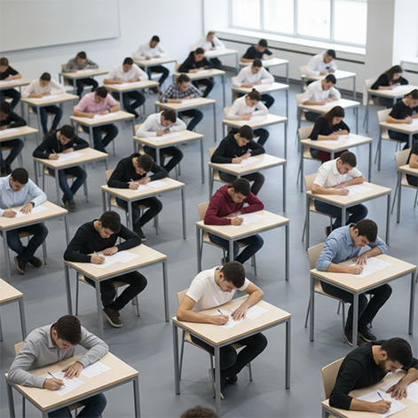 Estudantes em mesas individuais realizando prova escrita em sala ampla e iluminada. A imagem ilustra o ambiente de um exame de vestibular ou processo seletivo acadêmico, transmitindo foco e organização durante a avaliação.